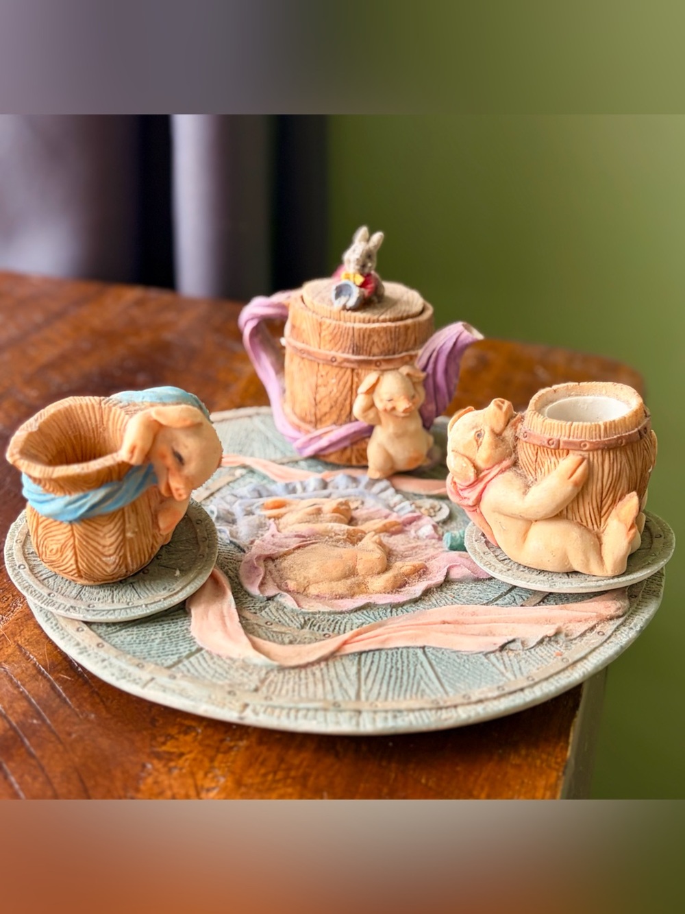 Vintage Farmhouse Pig Miniature Faux Tea Set with Dish 3D Features